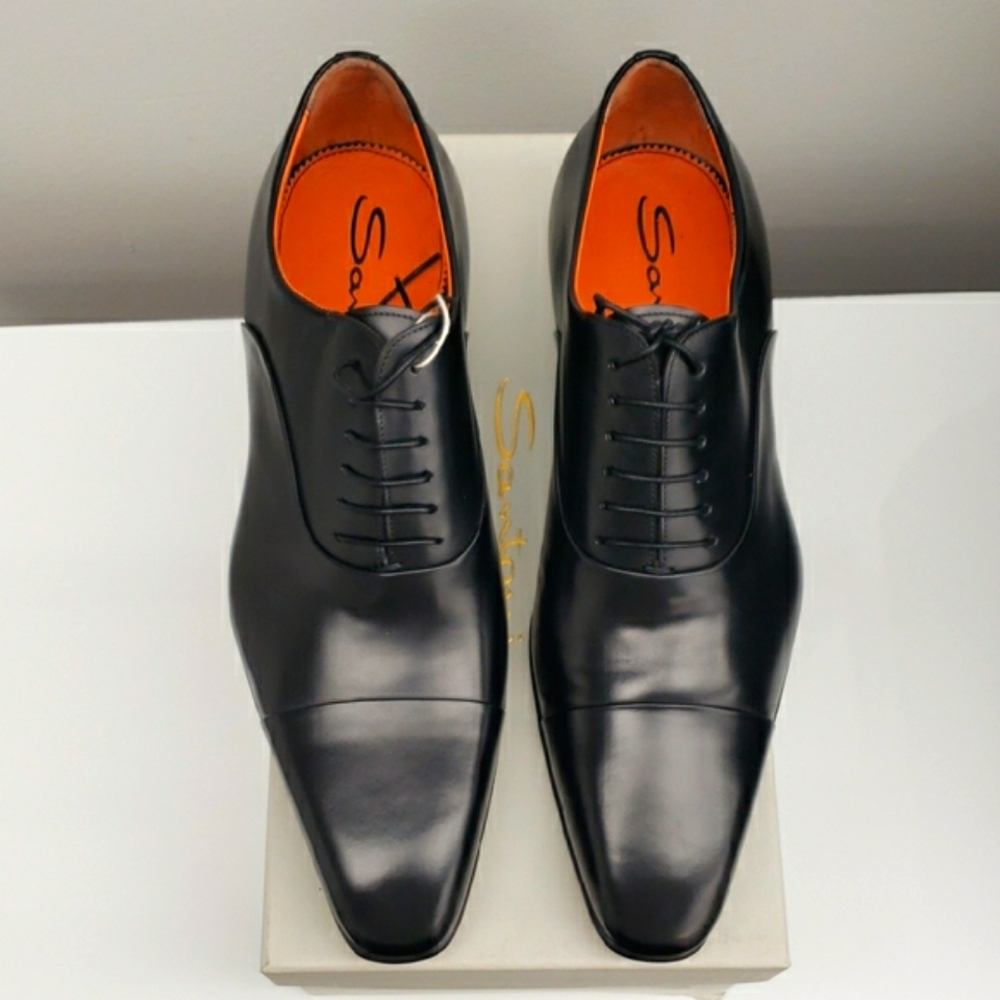 Santoni Black Cap Toe Lace Up Oxford Shoes